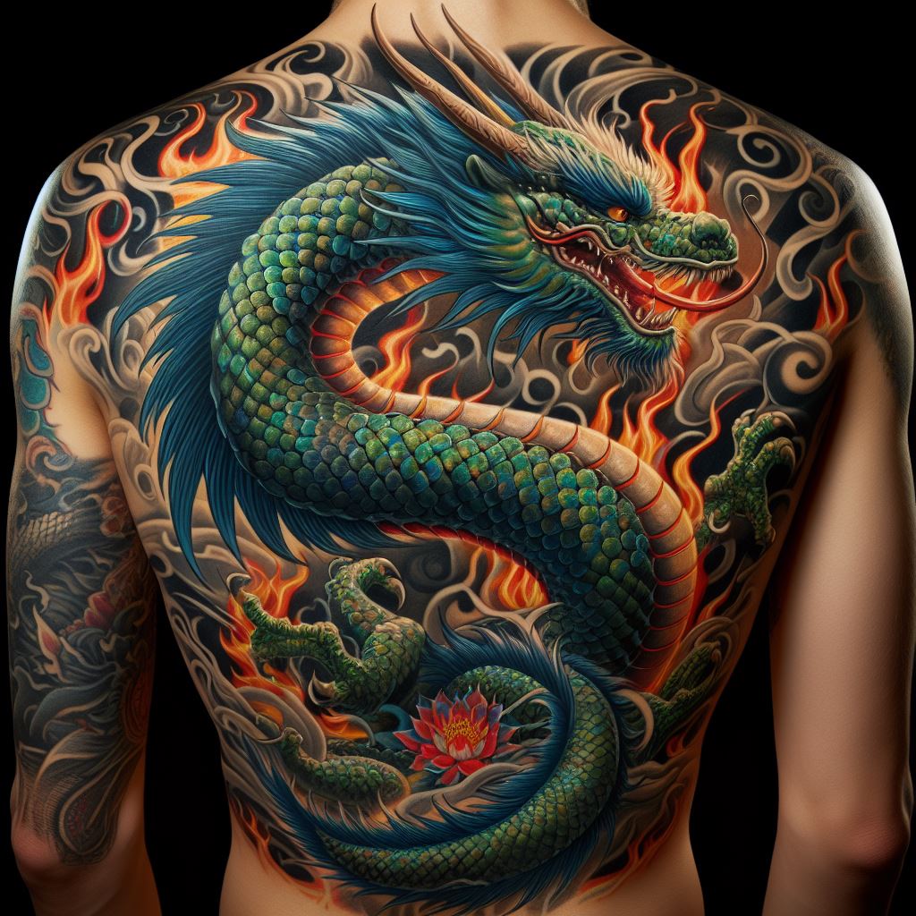 A majestic, full-back Japanese dragon tattoo. The dragon should be drawn in a classic Irezumi style, with scales in shades of green and blue, and flames surrounding it in hues of red and yellow. The tattoo should start from the shoulders, with the dragon's head positioned at the top and its body winding down the spine, culminating at the lower back. The dragon's claws and whiskers should be detailed, embodying power and wisdom.