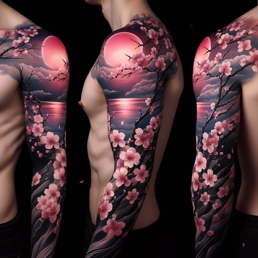 A full sleeve tattoo featuring cherry blossoms in traditional Japanese style. The tattoo should start from the shoulder and extend to the wrist, with branches of cherry blossoms winding around the arm. The blossoms should vary from deep pink to white, with petals occasionally falling. The background should have subtle hints of the sky at dusk, in soft blues and purples, to complement the pink blossoms, symbolizing the fleeting nature of life.
