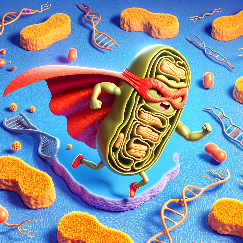 A cartoon depiction of a mitochondria wearing a superhero cape, flying through a cell with the caption "Mitochondria: The Powerhouse of the Cell!"