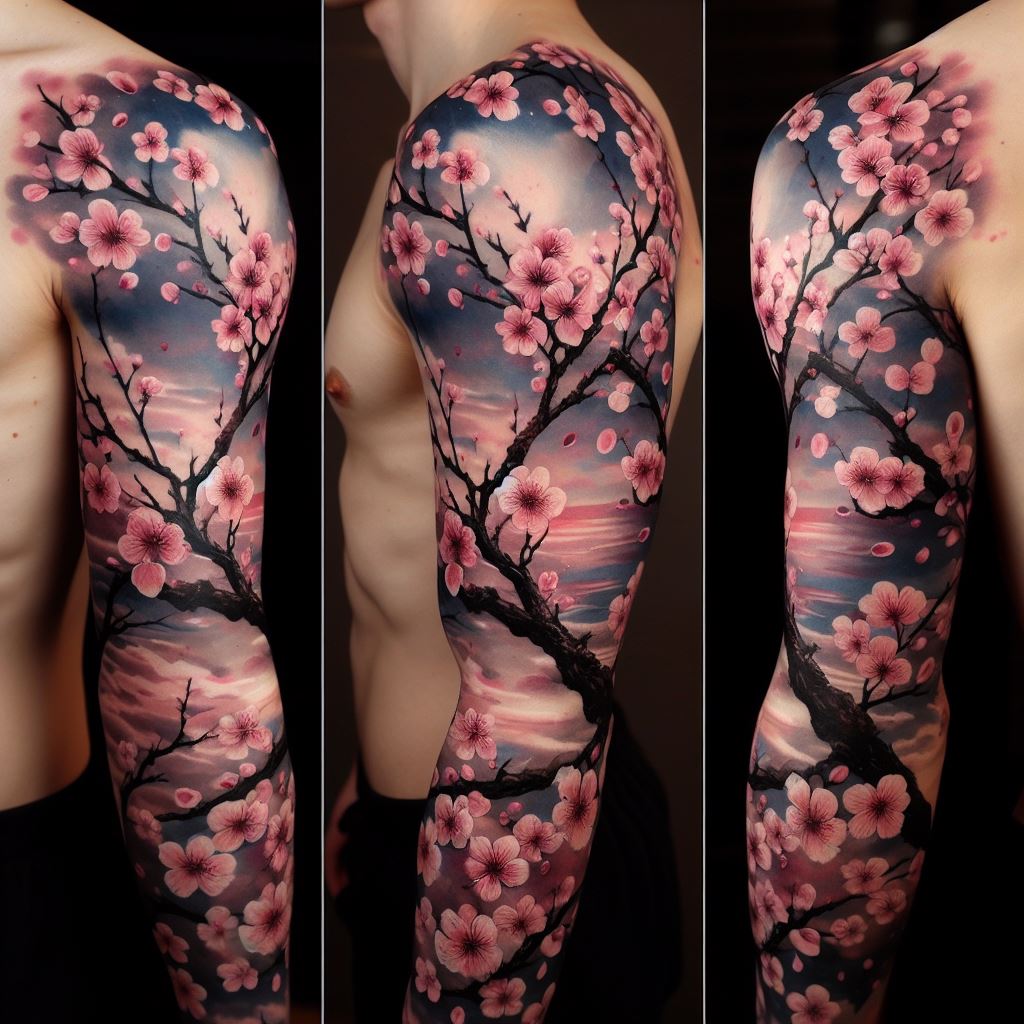 A full sleeve tattoo featuring cherry blossoms in traditional Japanese style. The tattoo should start from the shoulder and extend to the wrist, with branches of cherry blossoms winding around the arm. The blossoms should vary from deep pink to white, with petals occasionally falling. The background should have subtle hints of the sky at dusk, in soft blues and purples, to complement the pink blossoms, symbolizing the fleeting nature of life.