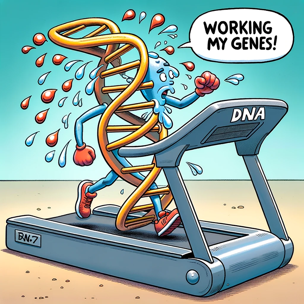A cartoon depiction of a DNA double helix running on a treadmill, sweating, with the caption "Working out my genes!"
