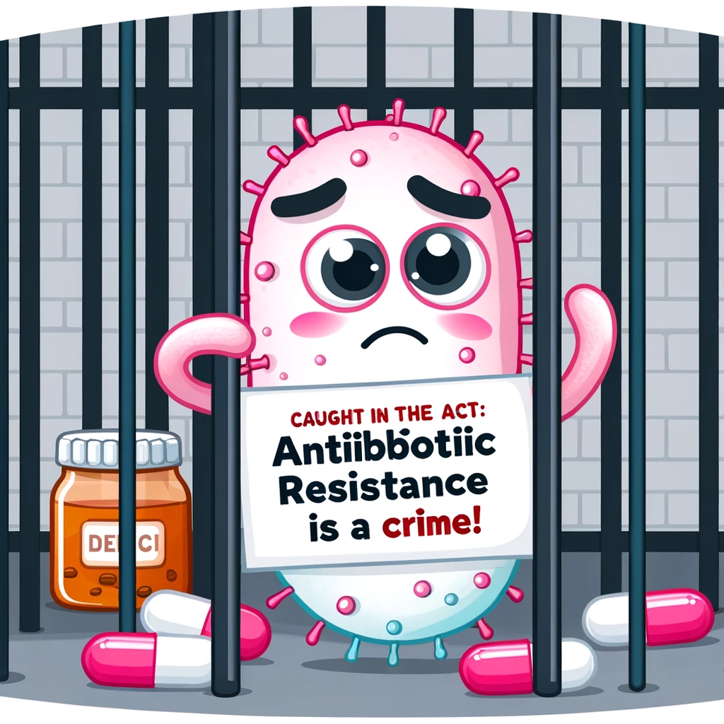 A cartoon of a sad looking bacterium behind bars with a caption "Caught in the act: Antibiotic resistance is a crime!"