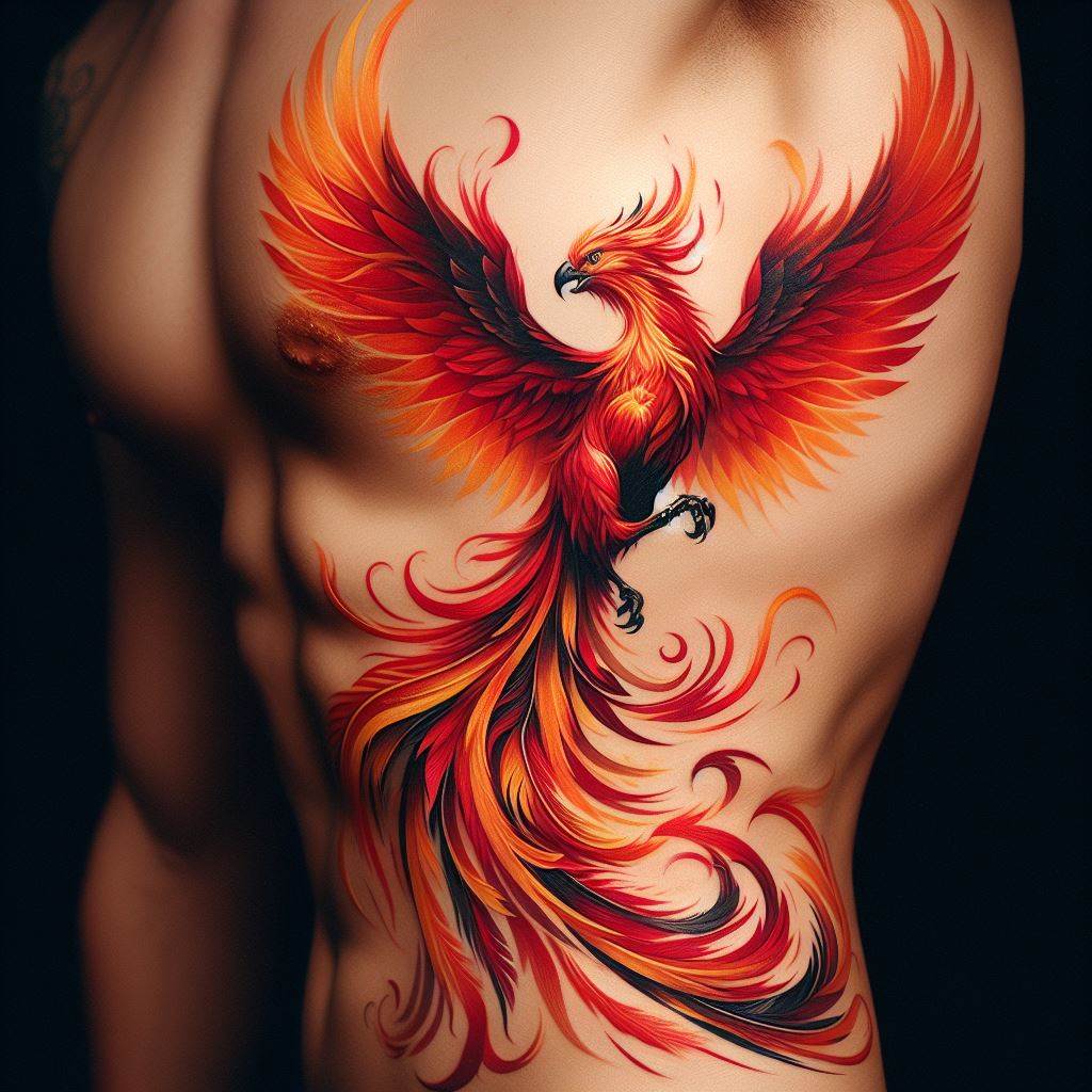 A fiery phoenix in a dynamic pose, tattooed along the side rib cage, from under the arm down to the hip. The phoenix should be in vibrant colors of red, orange, and yellow, with its wings spread wide and tail feathers cascading down the body. The tattoo should capture the essence of rebirth and transformation, with the phoenix's eyes conveying wisdom and resilience.