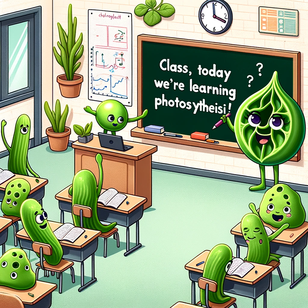 A group of plant cells in a classroom, with one cell raising its hand, and a chloroplast standing in front of a blackboard teaching. Caption: "Class, today we're learning photosynthesis!"