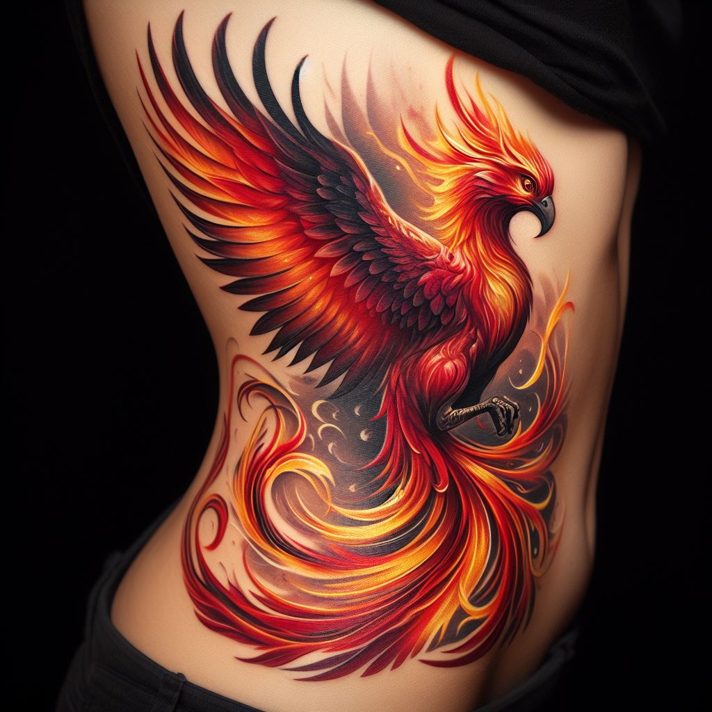 A fiery phoenix in a dynamic pose, tattooed along the side rib cage, from under the arm down to the hip. The phoenix should be in vibrant colors of red, orange, and yellow, with its wings spread wide and tail feathers cascading down the body. The tattoo should capture the essence of rebirth and transformation, with the phoenix's eyes conveying wisdom and resilience.