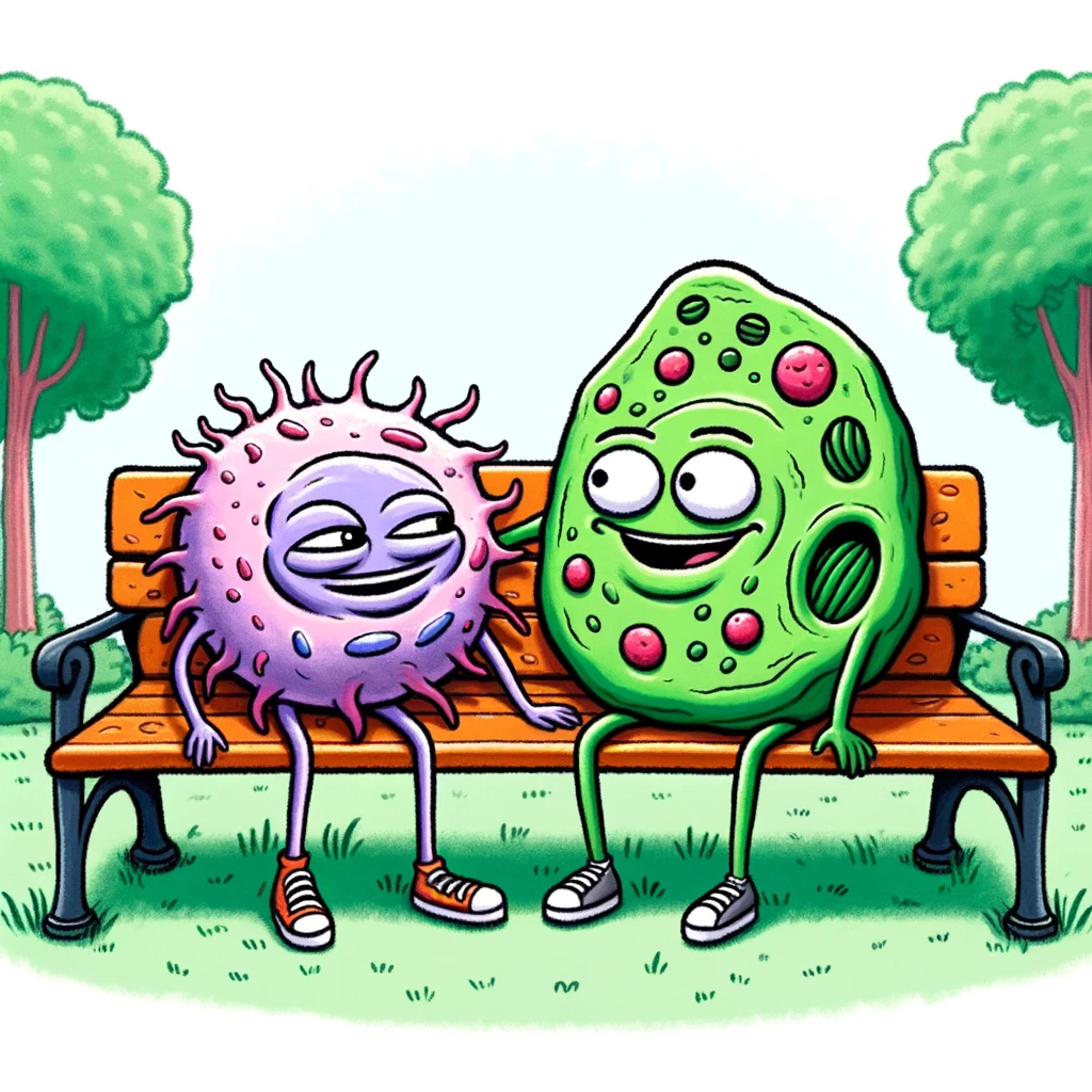 A cartoon of an animal cell and a plant cell sitting on a park bench like old friends, with the caption "Differences aside, we both have cell stories to share."