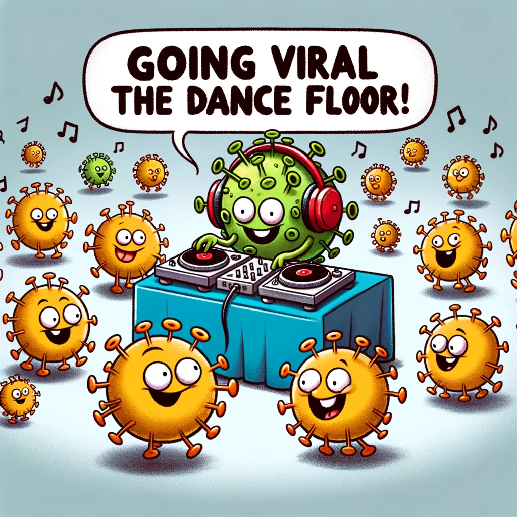 A cartoon of a group of viruses at a party, one virus DJing with turntables, and others dancing around. Caption: "Going viral on the dance floor!"