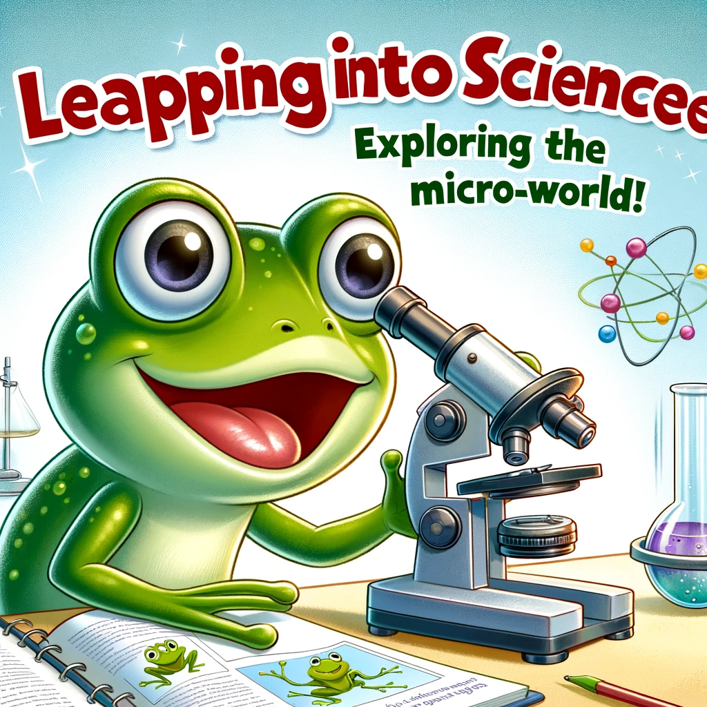 A cartoon frog with a microscope looking at a slide, with the caption "Leaping into science: Exploring the micro-world!"