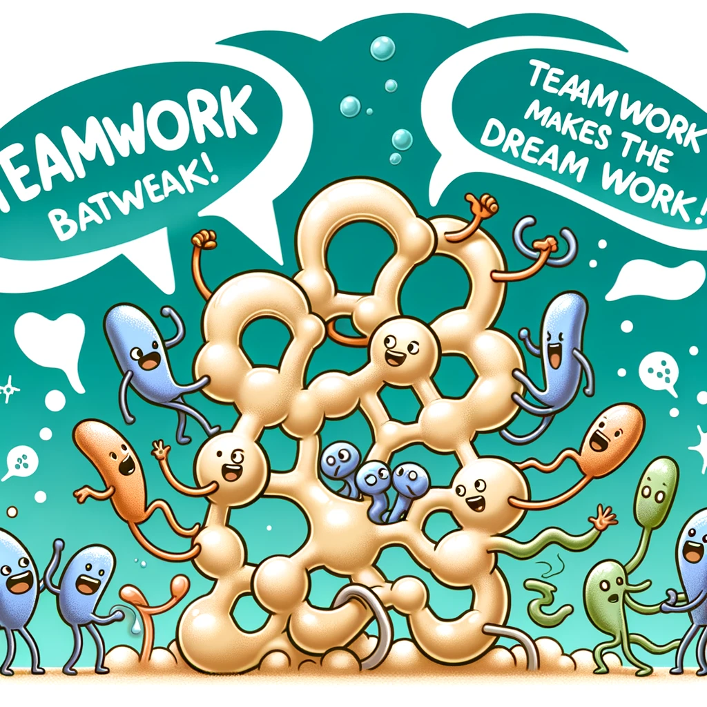 A cartoon illustration of a group of enzymes breaking down a large molecule, with speech bubbles saying "Teamwork makes the dream work!". This represents the concept of metabolic pathways in a humorous and educational way.
