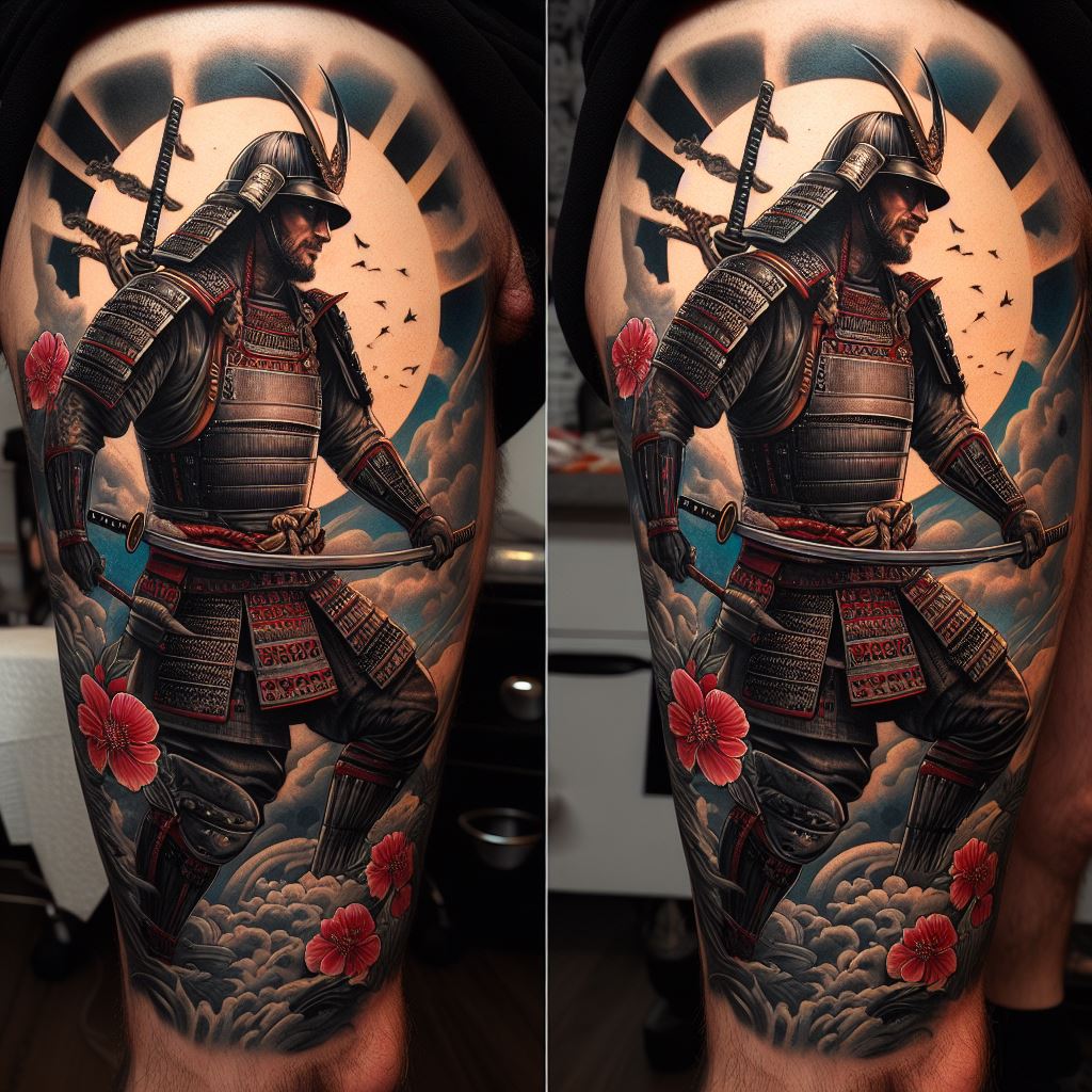 A full leg tattoo of a Samurai warrior in battle stance, in traditional Japanese art style. The tattoo should start from the thigh and extend down to the ankle, depicting the Samurai in detailed armor, wielding a katana. The background should include elements like cherry blossoms and a rising sun, symbolizing bravery and the warrior spirit. The tattoo should be rich in color, with emphasis on the intricate details of the Samurai's armor and expression.