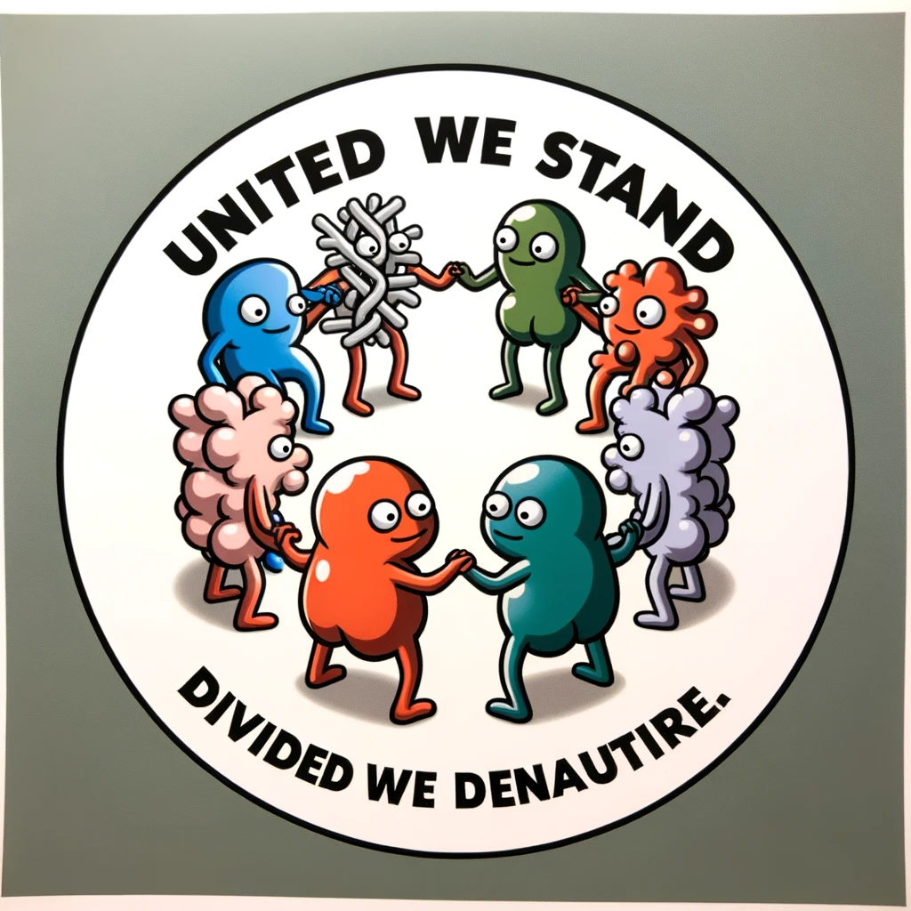 A cartoon image of a group of anthropomorphic amino acids holding hands, forming a circle with a caption "United we stand, divided we denature." This humorously illustrates the concept of protein structure and stability.
