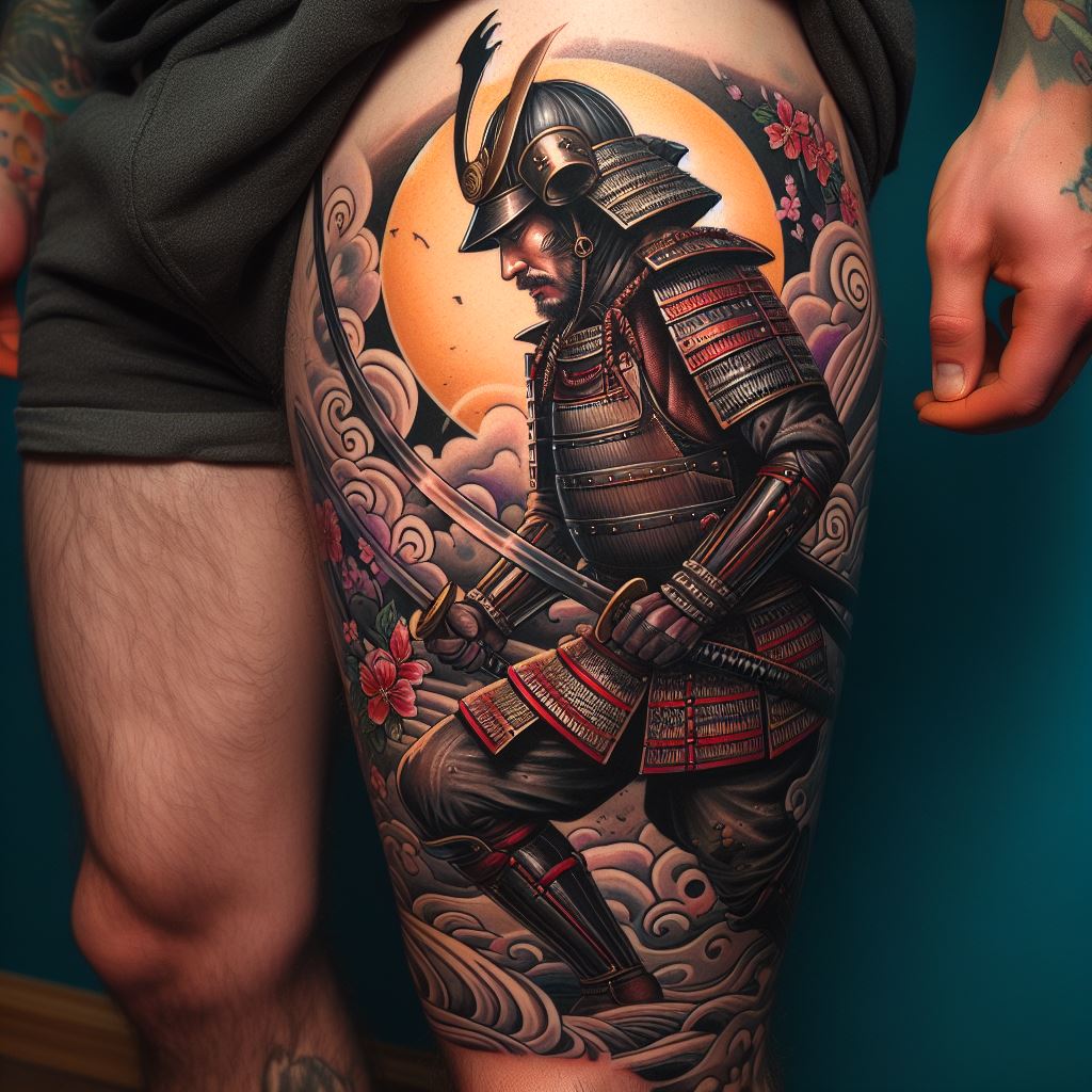 A full leg tattoo of a Samurai warrior in battle stance, in traditional Japanese art style. The tattoo should start from the thigh and extend down to the ankle, depicting the Samurai in detailed armor, wielding a katana. The background should include elements like cherry blossoms and a rising sun, symbolizing bravery and the warrior spirit. The tattoo should be rich in color, with emphasis on the intricate details of the Samurai's armor and expression.