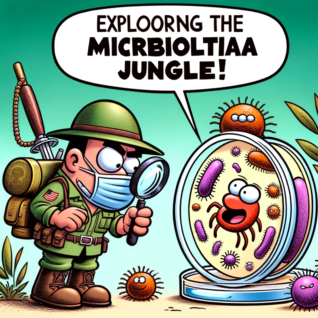 A cartoon image of a biologist wearing jungle gear, looking through a magnifying glass at a petri dish, with the caption "Exploring the microbial jungle!" This humorously illustrates the concept of microbiology research.