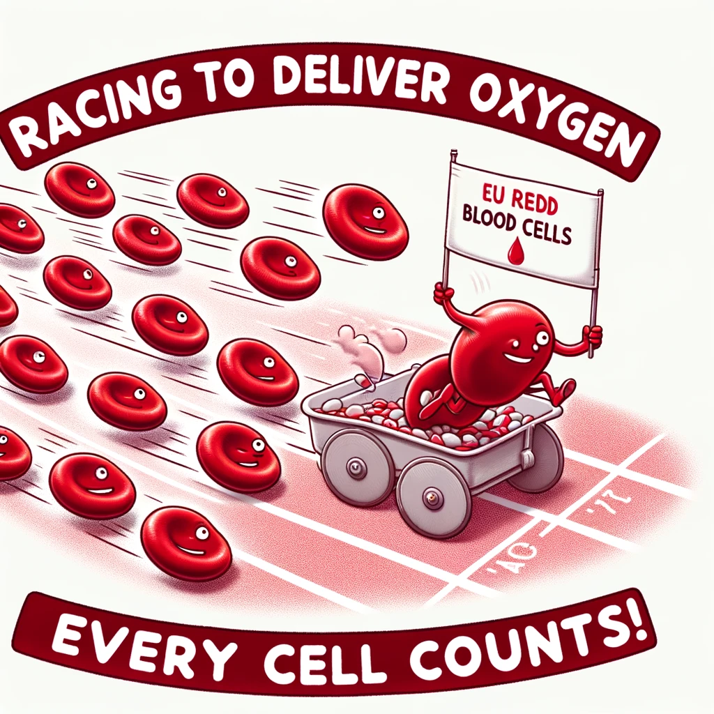 A humorous illustration of a group of red blood cells in a race, with one leading and the caption "Racing to deliver oxygen: Every cell counts!" This playfully represents the function of red blood cells in transporting oxygen.