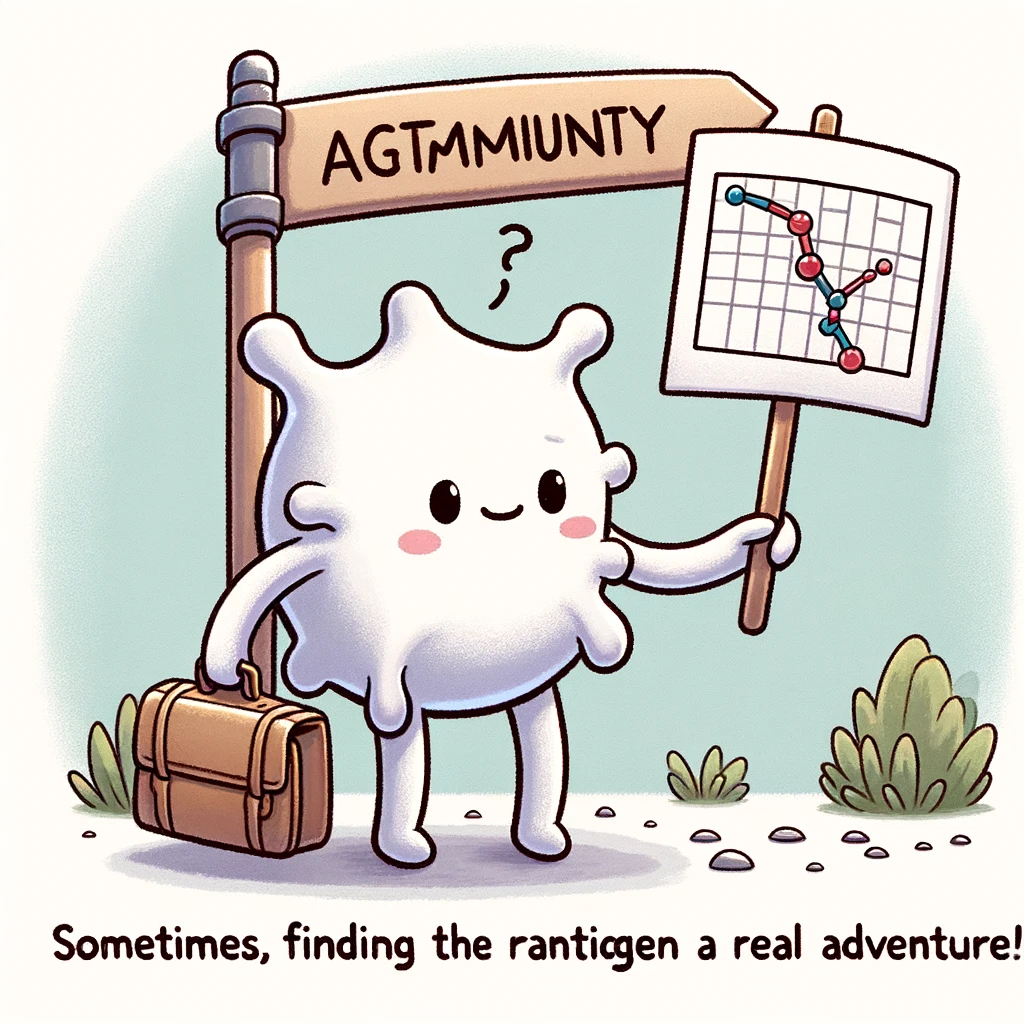 A cartoon of a cute but confused looking antibody holding a map, with the caption "Sometimes, finding the right antigen is a real adventure!" This illustrates the specificity of the immune response in a humorous way.