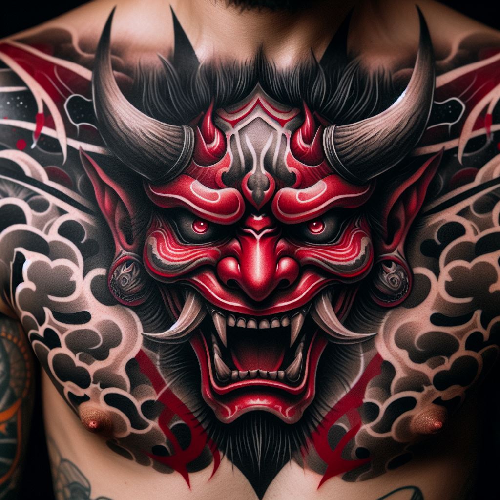 A fearsome Japanese Oni (demon) mask tattoo, covering the entire chest. The mask should be detailed with horns, sharp teeth, and a menacing expression, in shades of red, black, and white. The tattoo should incorporate traditional Japanese patterns and motifs around the mask, creating a powerful image that symbolizes protection against evil spirits.