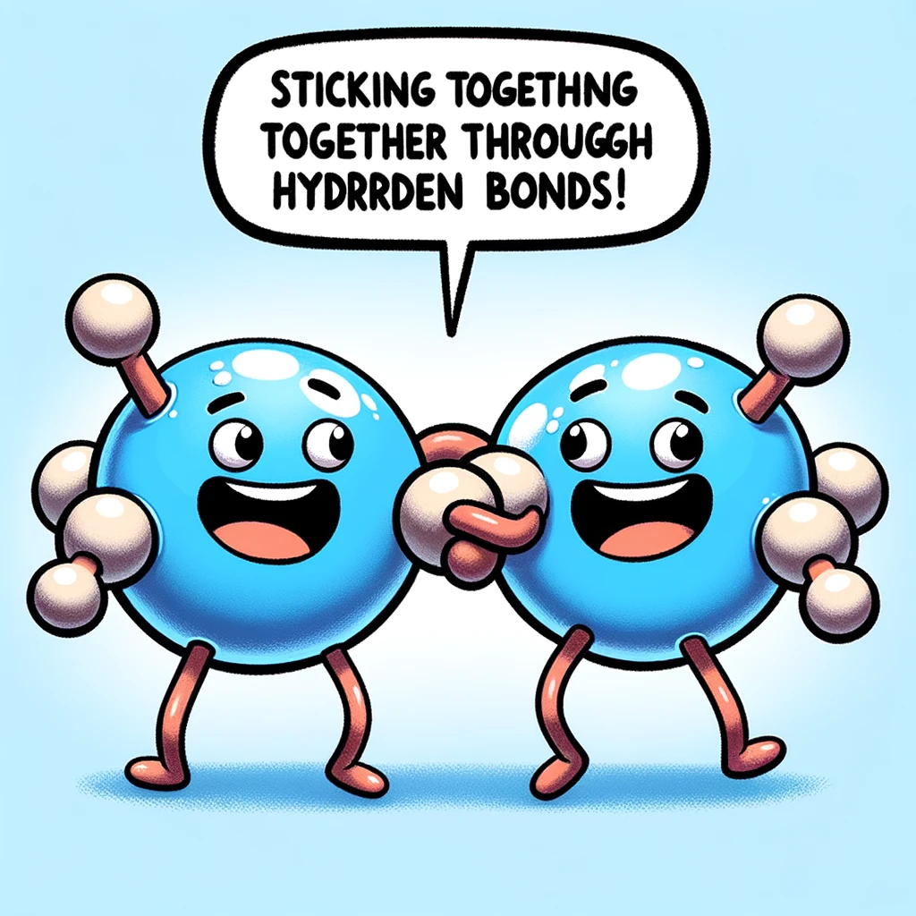 A cartoon depiction of two happy water molecules holding hands with the caption "Sticking together through hydrogen bonds!" This image humorously illustrates the concept of cohesion in water.