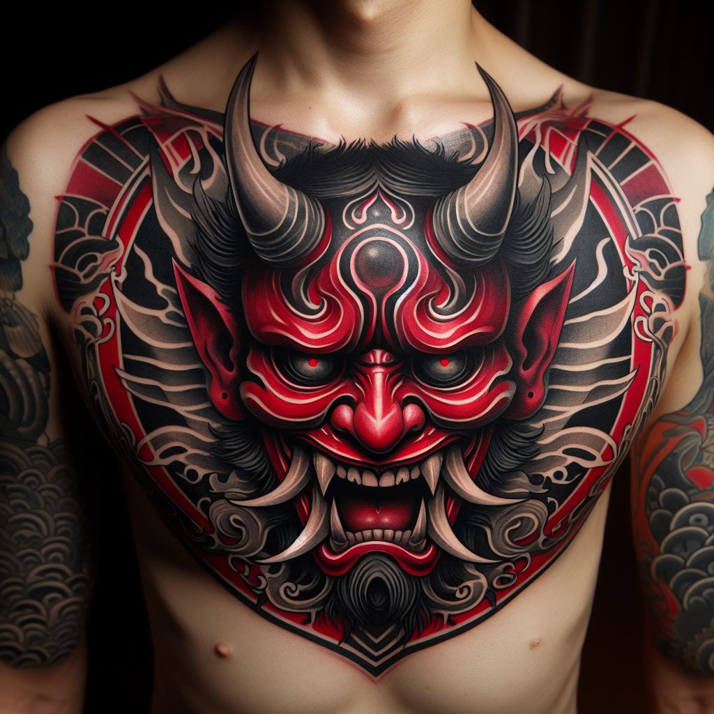 A fearsome Japanese Oni (demon) mask tattoo, covering the entire chest. The mask should be detailed with horns, sharp teeth, and a menacing expression, in shades of red, black, and white. The tattoo should incorporate traditional Japanese patterns and motifs around the mask, creating a powerful image that symbolizes protection against evil spirits.