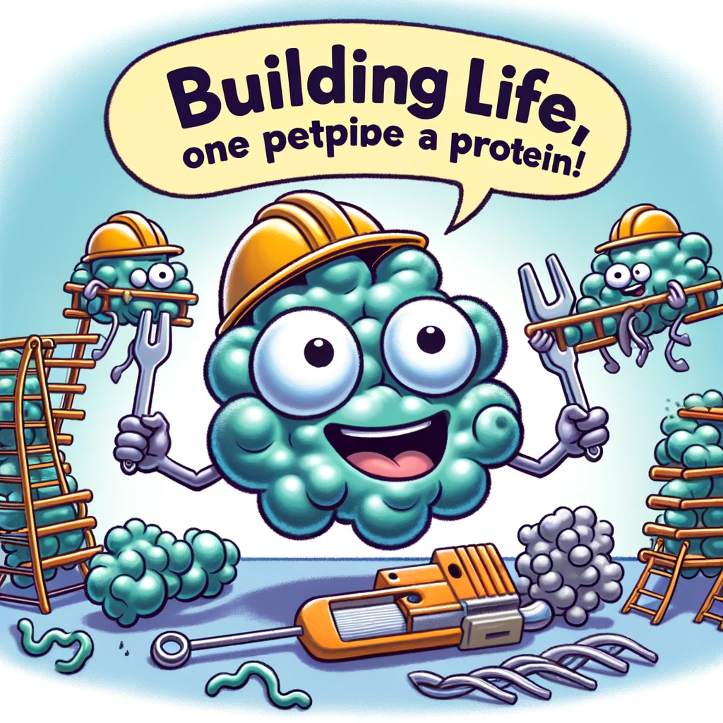 A cartoon illustration of an excited ribosome assembling a protein, with construction gear on, and the caption "Building life, one peptide at a time!" This playfully represents the role of ribosomes in protein synthesis.