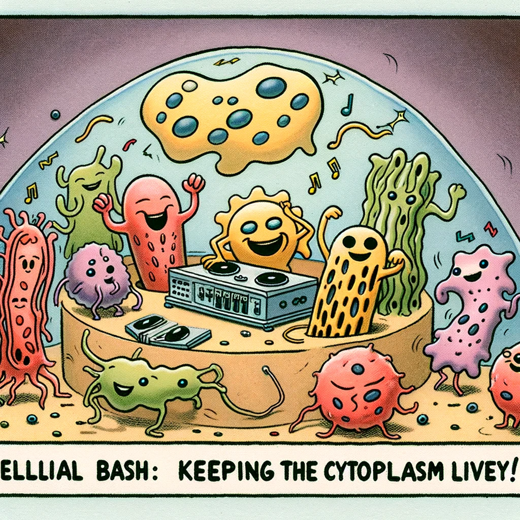 A cartoon of various organelles inside a cell having a party, with the nucleus acting as the DJ. Caption: "Cellular bash: Keeping the cytoplasm lively!" This humorously illustrates the dynamic interactions within a cell.