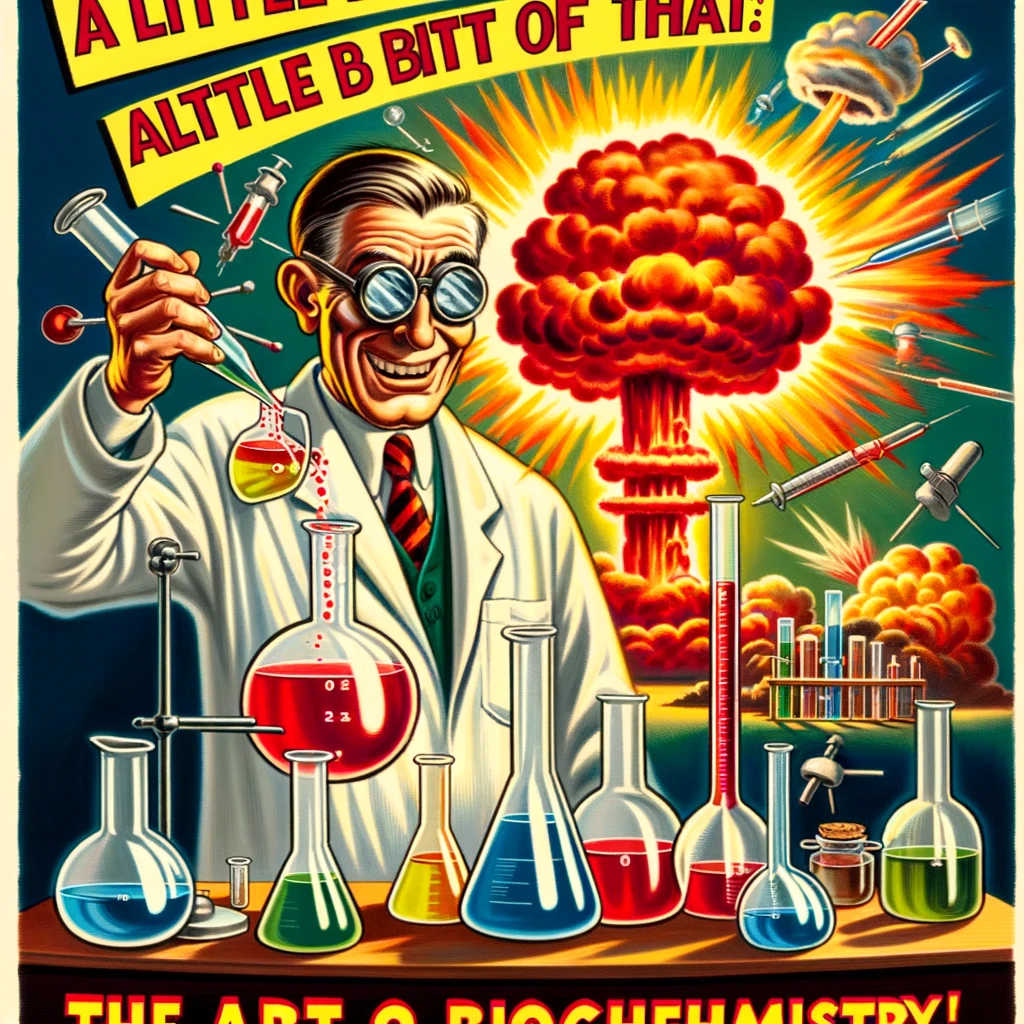 A humorous cartoon of a scientist mixing chemicals in beakers, with colorful explosions in the background, and the caption "A little bit of this, a little bit of that: The art of biochemistry!"
