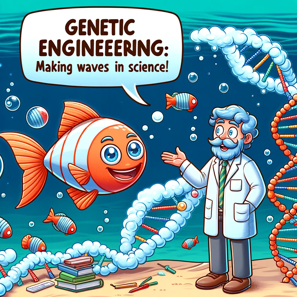 A cartoon illustration of a smiling fish in a lab coat looking at a DNA strand, with the caption "Genetic engineering: Making waves in science!" This creatively represents the field of genetic engineering in a fun and educational manner.