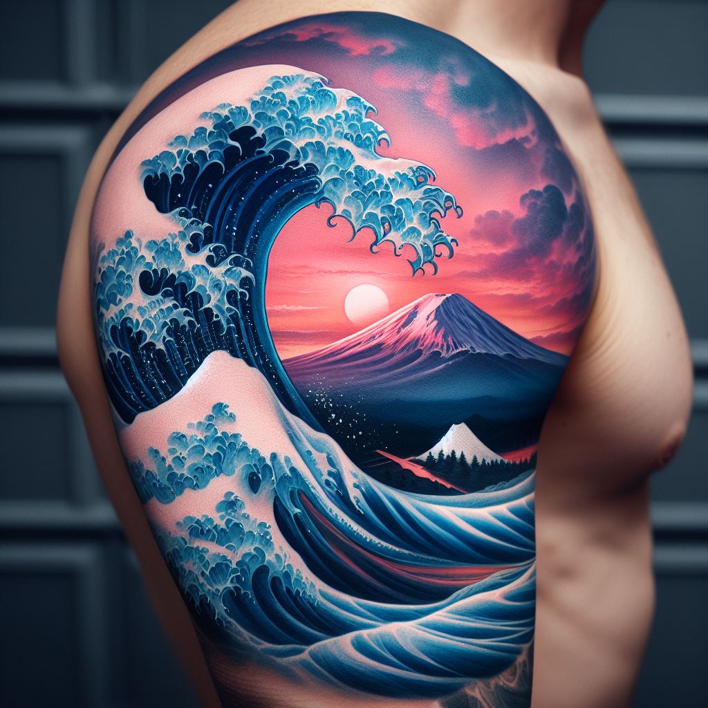 A half sleeve tattoo that encapsulates the iconic Japanese wave in deep blues and whites, crashing against the serene background of Mt. Fuji depicted at sunset. The tattoo should start at the shoulder and end at the elbow, blending the powerful movement of the wave with the tranquil and majestic presence of Mt. Fuji in soft pinks and purples, symbolizing the beauty and force of nature.