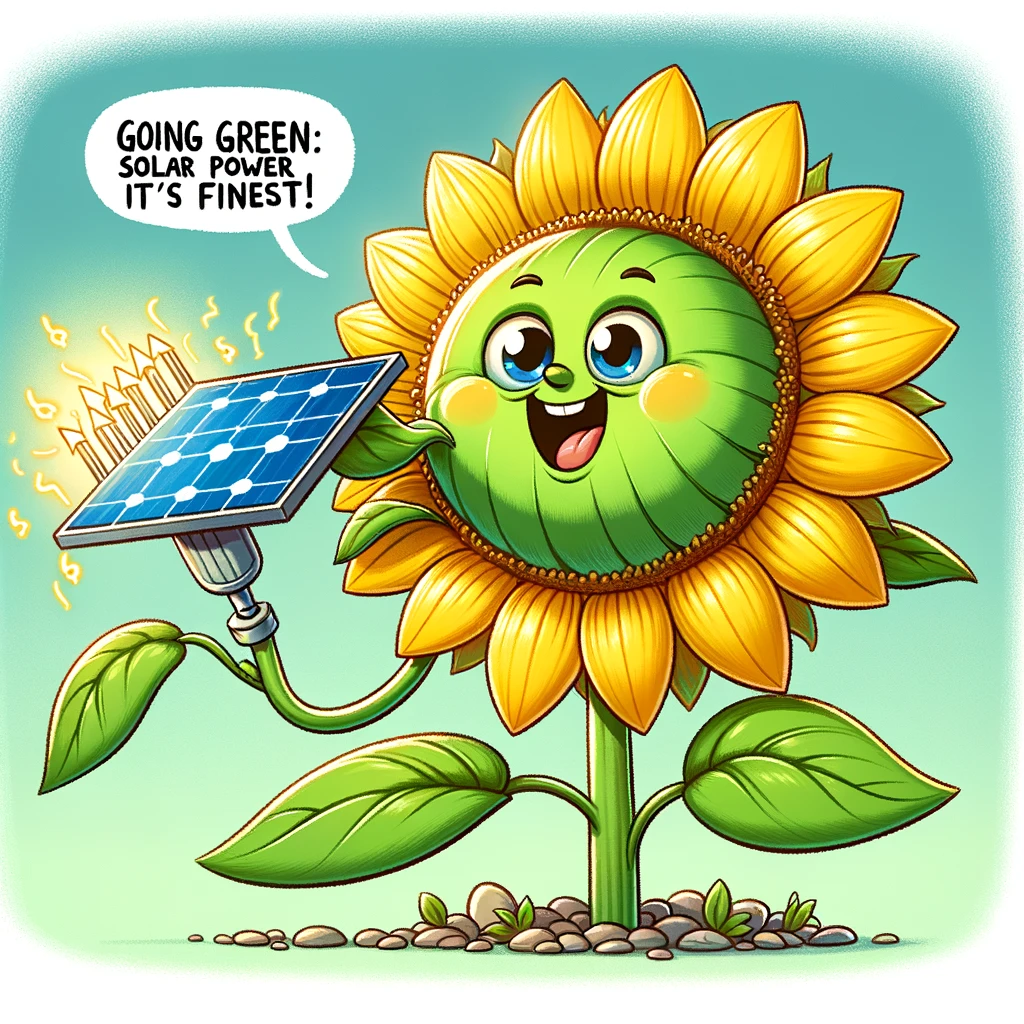A cartoon depiction of a cheerful sunflower conducting photosynthesis with solar panels instead of leaves, captioned "Going green: Solar power at its finest!" This image humorously combines the concept of photosynthesis with renewable energy.