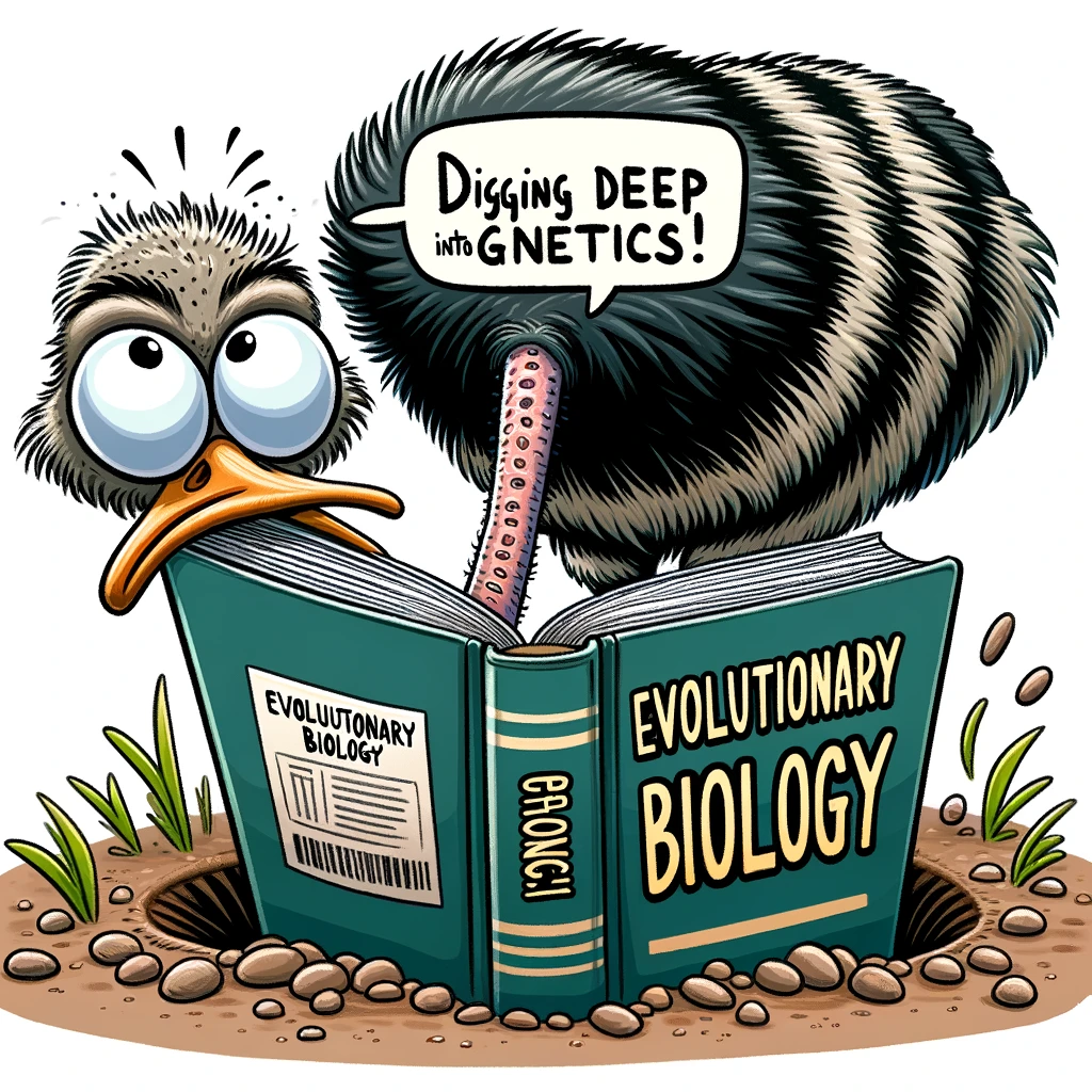 A cartoon of a quirky ostrich with its head buried in a book titled "Evolutionary Biology," with the caption "Digging deep into genetics!" This represents the curiosity and depth of study in the field of evolutionary biology.