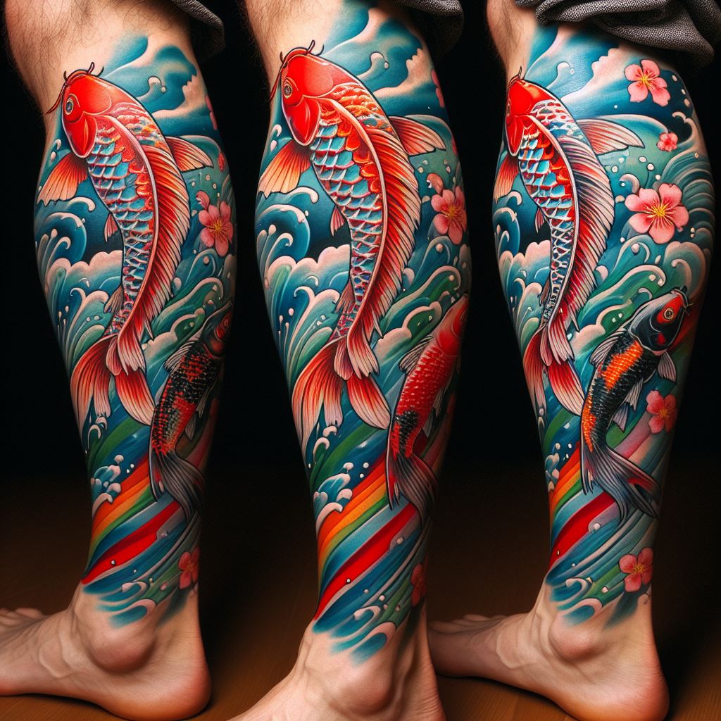 A colorful and vibrant tattoo of Carp streamers (Koinobori) wrapping around the calf, symbolizing family strength and celebrating Children's Day in Japan. The tattoo should feature carps in red, blue, green, and black, appearing to swim upwards against the calf, against a backdrop of flowing water and cherry blossoms, embodying hope and healthy growth for children.