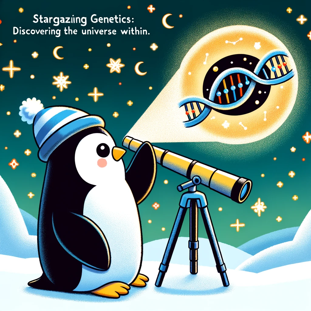 A cartoon of a penguin scientist looking through a telescope at a constellation shaped like a DNA helix, captioned "Stargazing genetics: Discovering the universe within." This represents the exploration and wonder in genetic research.