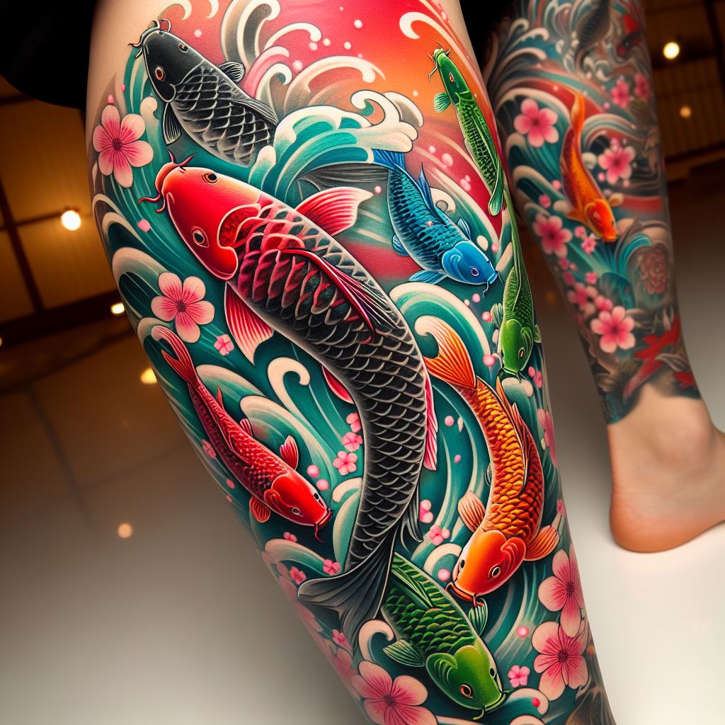 A colorful and vibrant tattoo of Carp streamers (Koinobori) wrapping around the calf, symbolizing family strength and celebrating Children's Day in Japan. The tattoo should feature carps in red, blue, green, and black, appearing to swim upwards against the calf, against a backdrop of flowing water and cherry blossoms, embodying hope and healthy growth for children.