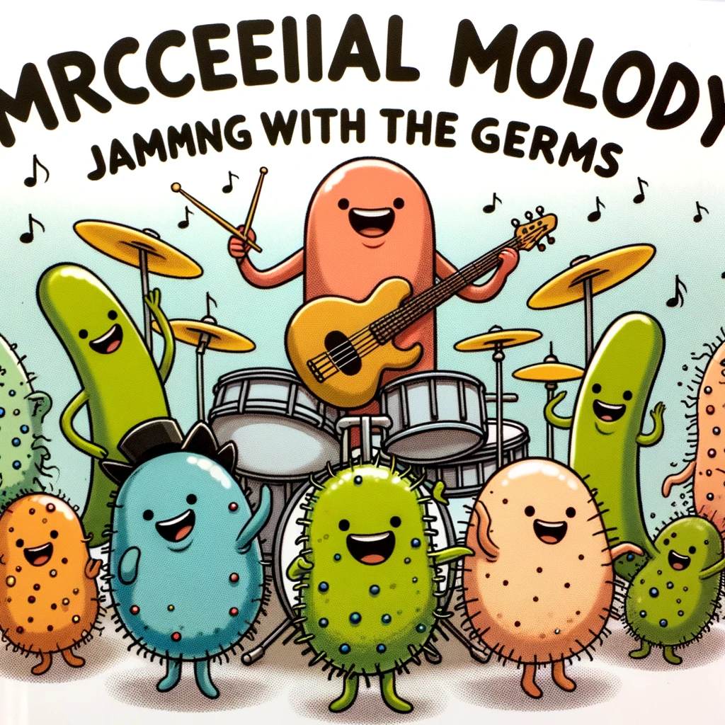 A cartoon illustration of a group of cheerful microbes forming a rock band, with the caption "Microbial melody: Jamming with the germs." This playfully represents the diversity and energy within the microbial world.