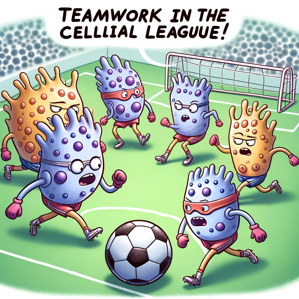 A cartoon of a group of animal cells wearing sports gear, playing a game of soccer with a lipid bilayer ball, captioned "Teamwork in the cellular league!" This humorously illustrates the concept of cell membrane dynamics.