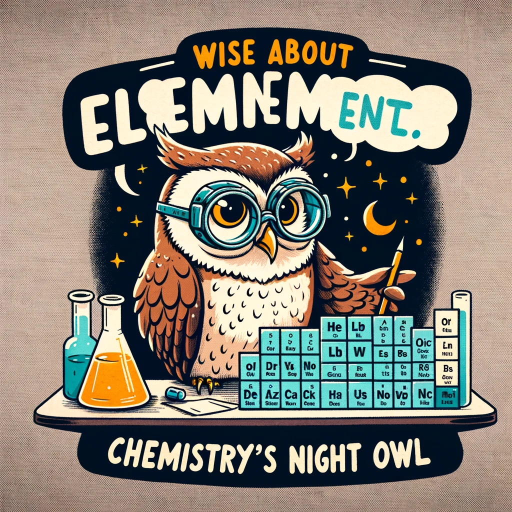 A cartoon of an owl wearing lab goggles and looking at a periodic table, captioned "Wise about elements: Chemistry's night owl." This represents the curiosity and depth of study in chemistry, with a playful nod to the wise nature of owls.