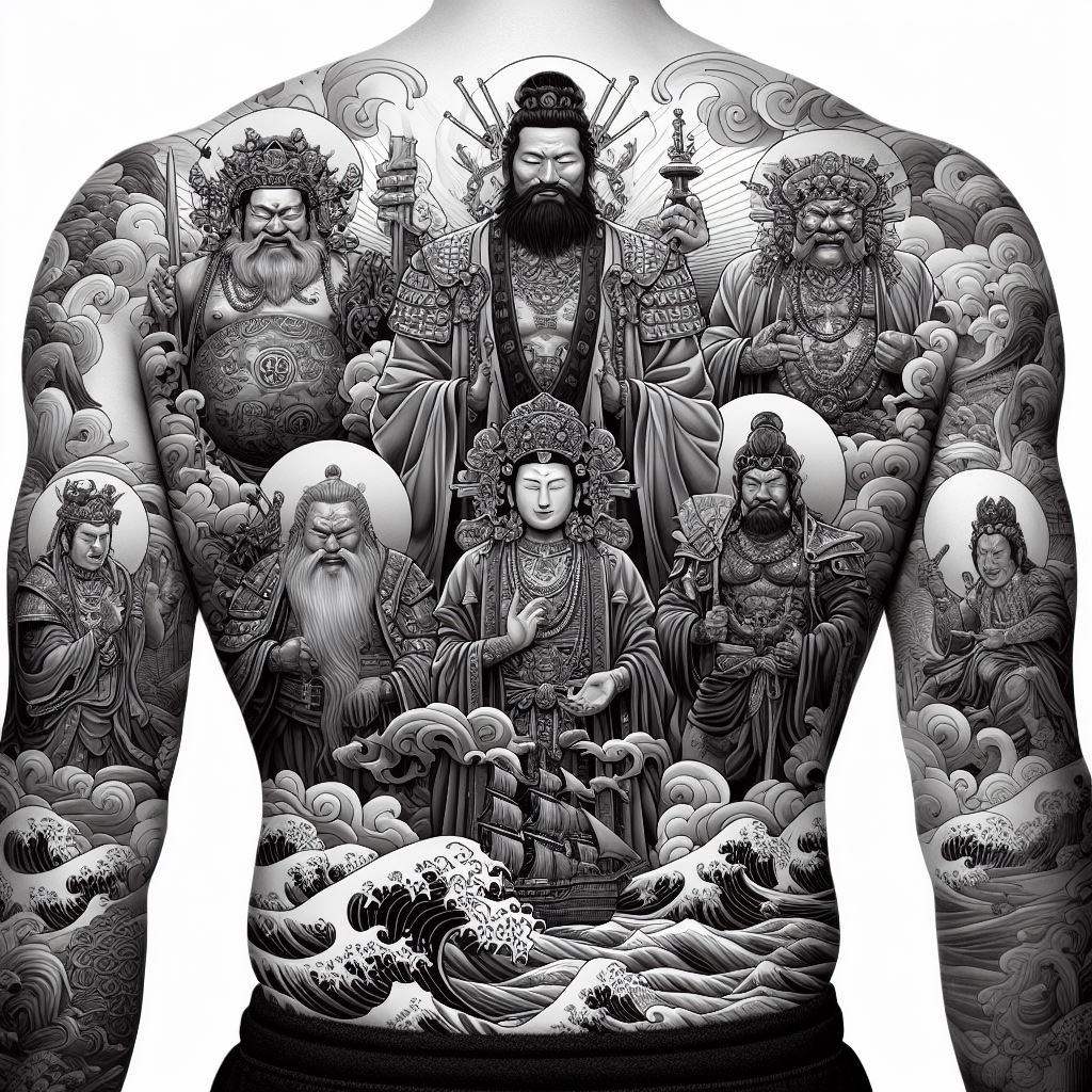 A full back tattoo featuring the Seven Lucky Gods of Japanese mythology (Shichifukujin), each depicted with their unique attributes and in a style that reflects traditional Japanese art. The tattoo should cover the entire back, with each god positioned thoughtfully to symbolize good fortune, wealth, health, and happiness. The design should incorporate elements like waves, clouds, and the treasure ship to tie the composition together.
