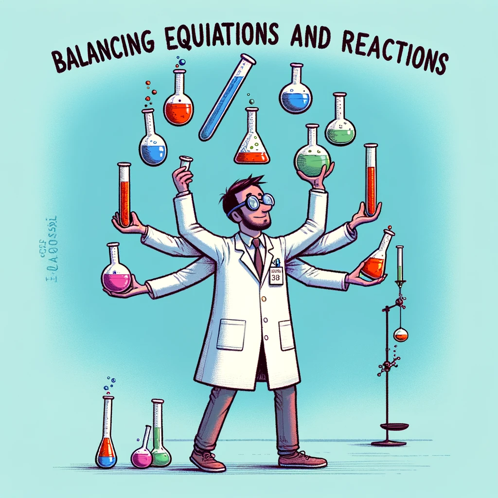 A humorous cartoon of a scientist in a lab coat juggling test tubes filled with colorful liquids, with the caption "Balancing equations and reactions: The daily life of a chemist." This playfully illustrates the multitasking skills required in chemistry.