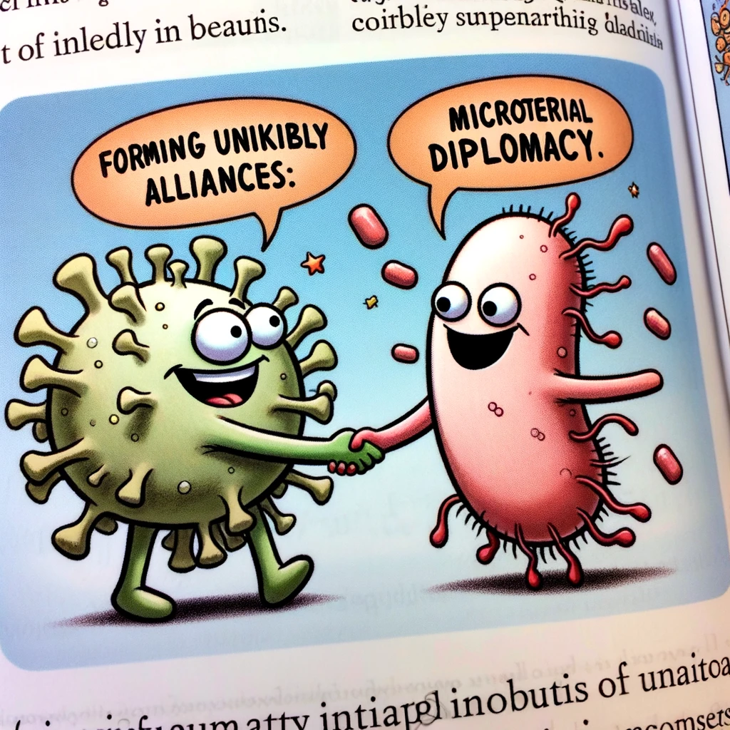 A cartoon depiction of a happy virus and bacteria shaking hands with a caption "Forming unlikely alliances: Microbial diplomacy." This illustrates the interactions and symbiotic relationships that can occur between different microorganisms in a humorous way.
