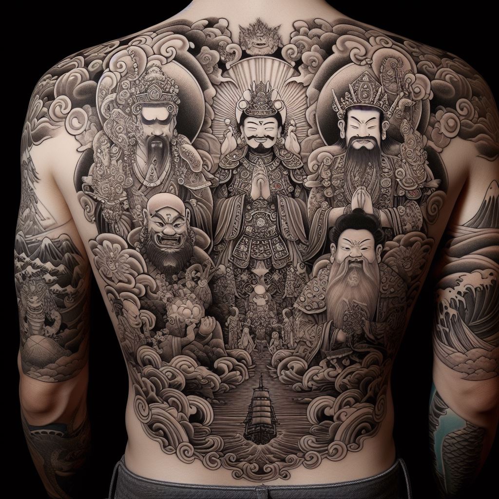 A full back tattoo featuring the Seven Lucky Gods of Japanese mythology (Shichifukujin), each depicted with their unique attributes and in a style that reflects traditional Japanese art. The tattoo should cover the entire back, with each god positioned thoughtfully to symbolize good fortune, wealth, health, and happiness. The design should incorporate elements like waves, clouds, and the treasure ship to tie the composition together.