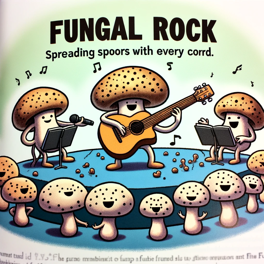 A cartoon of a group of fungi forming a band, with one playing the guitar and others with microphones, captioned "Fungal rock: Spreading spores with every chord." This creatively represents the spread and growth of fungi in a fun and educational manner.