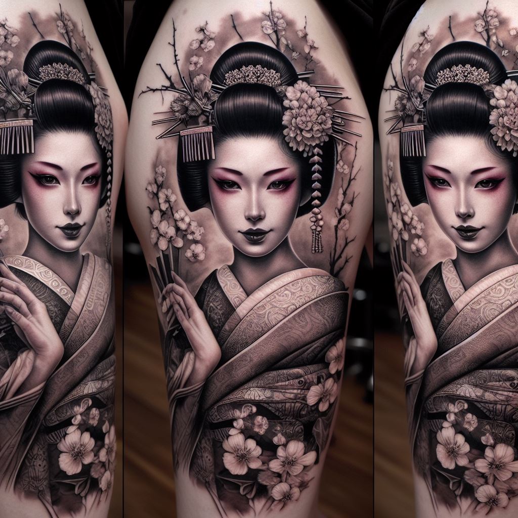 A detailed and expressive portrait of a Geisha, tattooed on the thigh. The Geisha should be depicted wearing a traditional kimono, with intricate patterns and a subtle, serene expression on her face. Include classic Geisha adornments like hairpins and a folding fan, set against a backdrop of cherry blossoms or a classic Japanese landscape. This tattoo should capture the elegance and mystery of the Geisha culture.