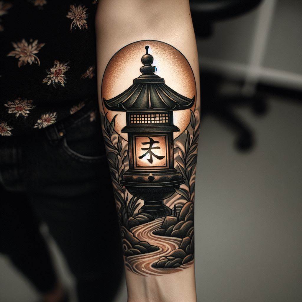 A tattoo of a traditional Japanese lantern, illuminating a path with a soft, warm glow, detailed on the forearm. The lantern should be adorned with Japanese motifs and kanji characters that signify light, guidance, or a personal mantra. Surround the lantern with subtle elements of nature, like leaves or a gentle stream, to evoke a sense of peace and guiding light through life's journey.