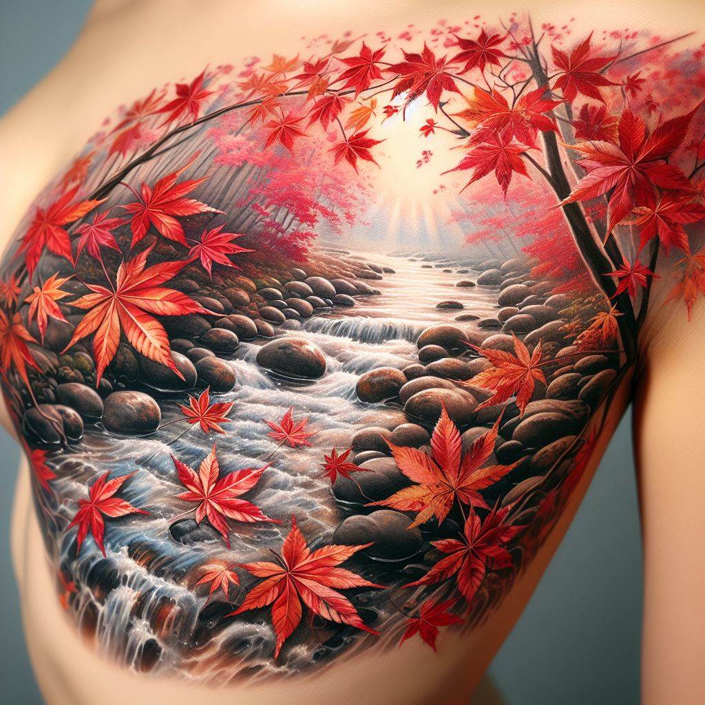A serene scene featuring maple leaves in vibrant reds and oranges floating down a gentle river, tattooed along the side torso from underarm to hip. The tattoo should capture the essence of autumn in Japan, with the leaves detailed in various stages of fall, drifting atop the water's surface. Incorporate subtle elements like stones in the riverbed and light reflections on the water, symbolizing the flow and change of life.