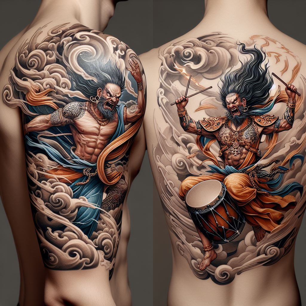 A dynamic and powerful tattoo featuring Fujin, the god of wind, on one shoulder and Raijin, the god of thunder, on the opposite shoulder. Fujin should be depicted with a bag of winds, creating a gust around him, while Raijin is shown playing drums that summon thunder. Both gods are in traditional Japanese art style, symbolizing the forces of nature and protection against natural disasters.