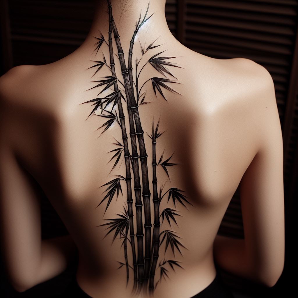 A tall, slender bamboo forest running along the spine, from the lower back to the nape of the neck. The tattoo should capture the elegance and tranquility of a bamboo forest, with detailed stalks and leaves swaying gently. The design emphasizes resilience and flexibility, inspired by the way bamboo bends without breaking.