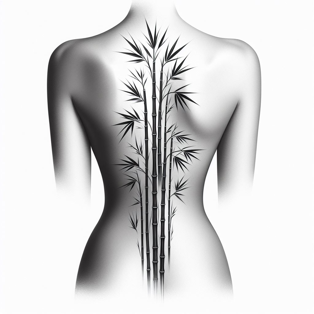 A tall, slender bamboo forest running along the spine, from the lower back to the nape of the neck. The tattoo should capture the elegance and tranquility of a bamboo forest, with detailed stalks and leaves swaying gently. The design emphasizes resilience and flexibility, inspired by the way bamboo bends without breaking.