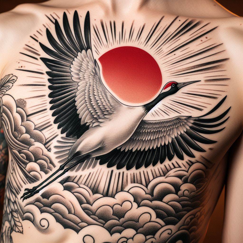 A Japanese crane in flight, its wings spread wide, tattooed along the rib cage. The crane should be depicted with intricate feather details in shades of white and grey, with a touch of red on its crown. The background can include subtle clouds or sun rays, symbolizing luck, longevity, and fidelity.