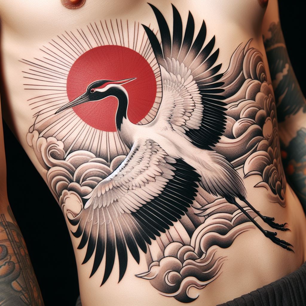 A Japanese crane in flight, its wings spread wide, tattooed along the rib cage. The crane should be depicted with intricate feather details in shades of white and grey, with a touch of red on its crown. The background can include subtle clouds or sun rays, symbolizing luck, longevity, and fidelity.