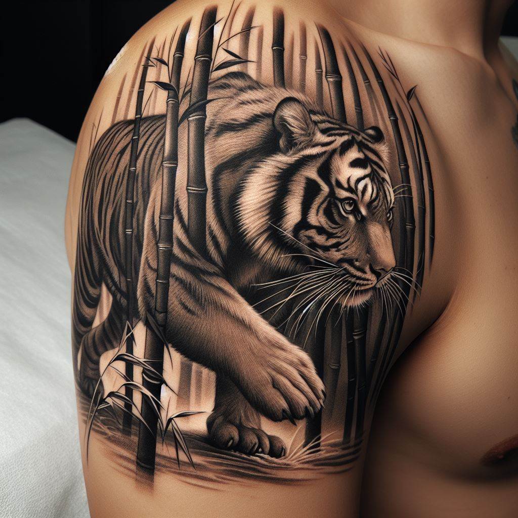 A fierce tiger moving stealthily through a bamboo grove, tattooed around the upper arm. The tiger should be depicted in mid-stride, with detailed fur and a focused expression, surrounded by tall bamboo stalks. This tattoo represents strength, courage, and the ability to overcome challenges with grace.