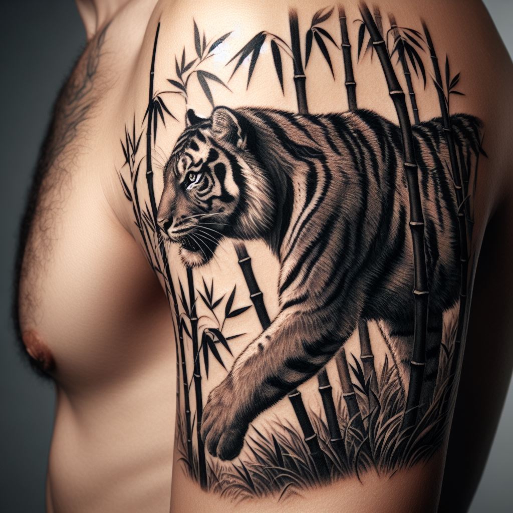 A fierce tiger moving stealthily through a bamboo grove, tattooed around the upper arm. The tiger should be depicted in mid-stride, with detailed fur and a focused expression, surrounded by tall bamboo stalks. This tattoo represents strength, courage, and the ability to overcome challenges with grace.